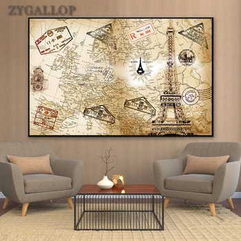 

World Map with Postmark and Elfi-tower Posters Canvas Art Painting Modern Decor Wall Pictures for Living Room Decoration tableau