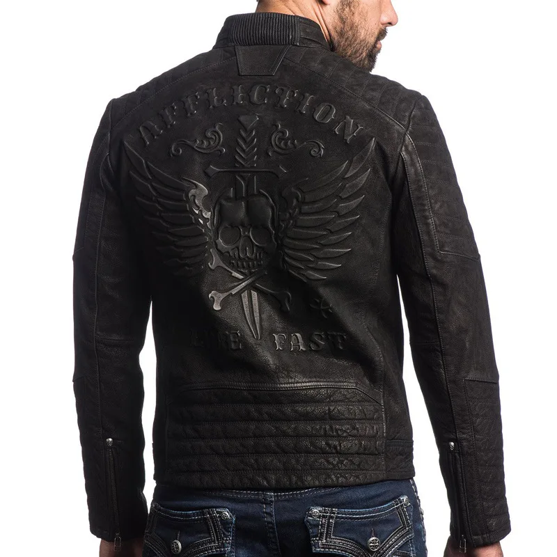 Мужские ретро Куртки из натуральной кожи Черный череп мотоциклетная кожаная куртка из натуральной воловьей кожи байкерская куртка для мужчин
