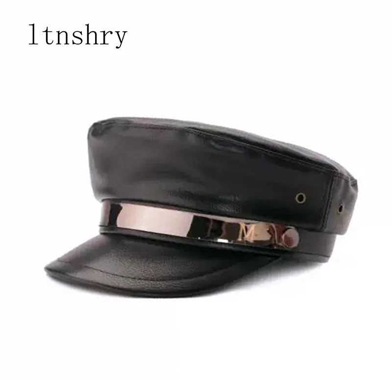 Шапка женская в стиле милитари модная шапка из натуральной овечьей кожи с ремнем