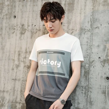 

Summer comfort fashion men's mercerized cotton high quality short sleeve color matching round neck letter printing T-Shirt Large