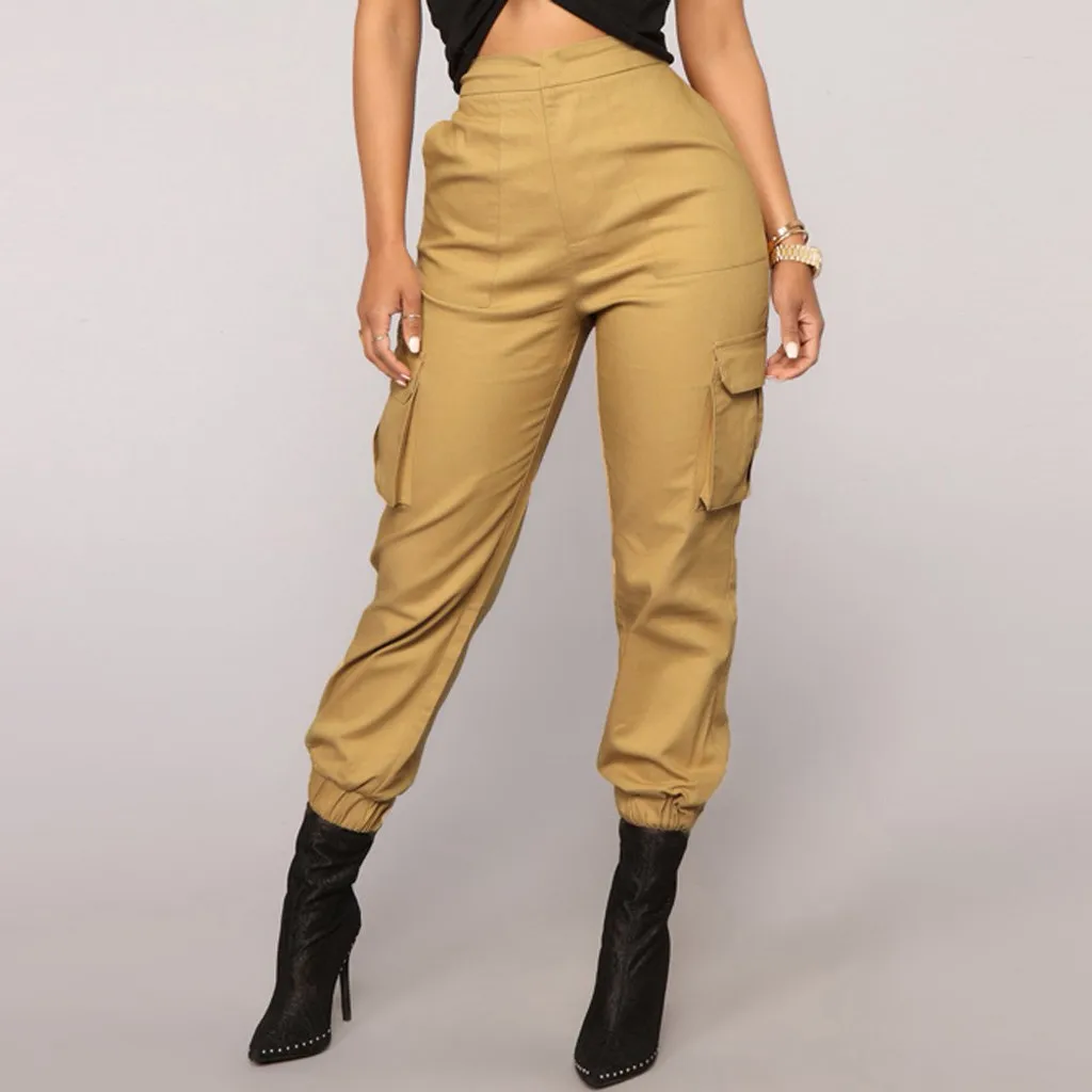 

Womens Pockets Cargo Pants Soild Trousers Casual Sports Elastic Waistt Pants Overalls Mid Ankle-Length Pants Joggers Women 2020