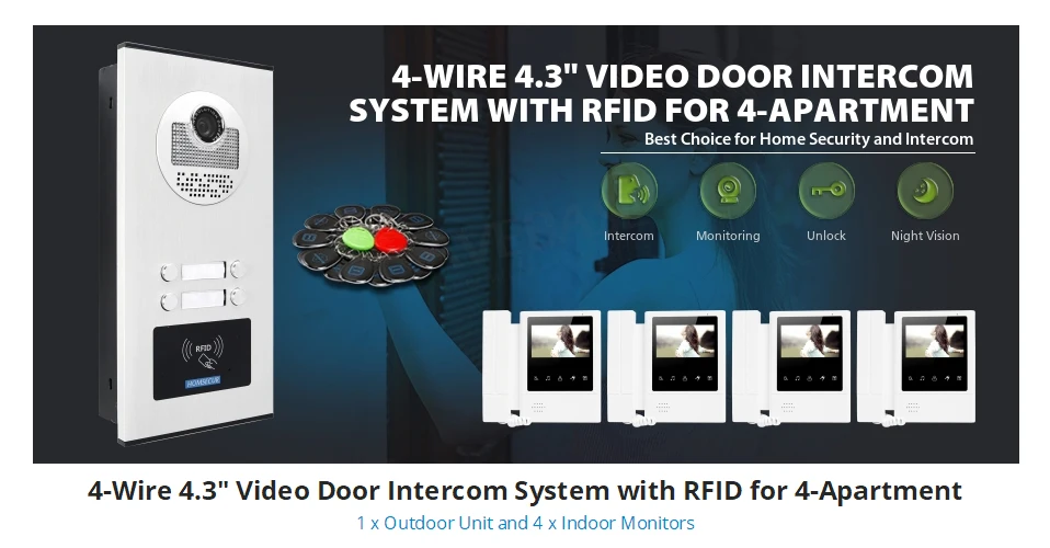 HOMSECUR 4 провода 4," мульти Квартира видео домофон комплект RFID Разблокировка+ немой монитор для дома/плоский 530C/XC011-4