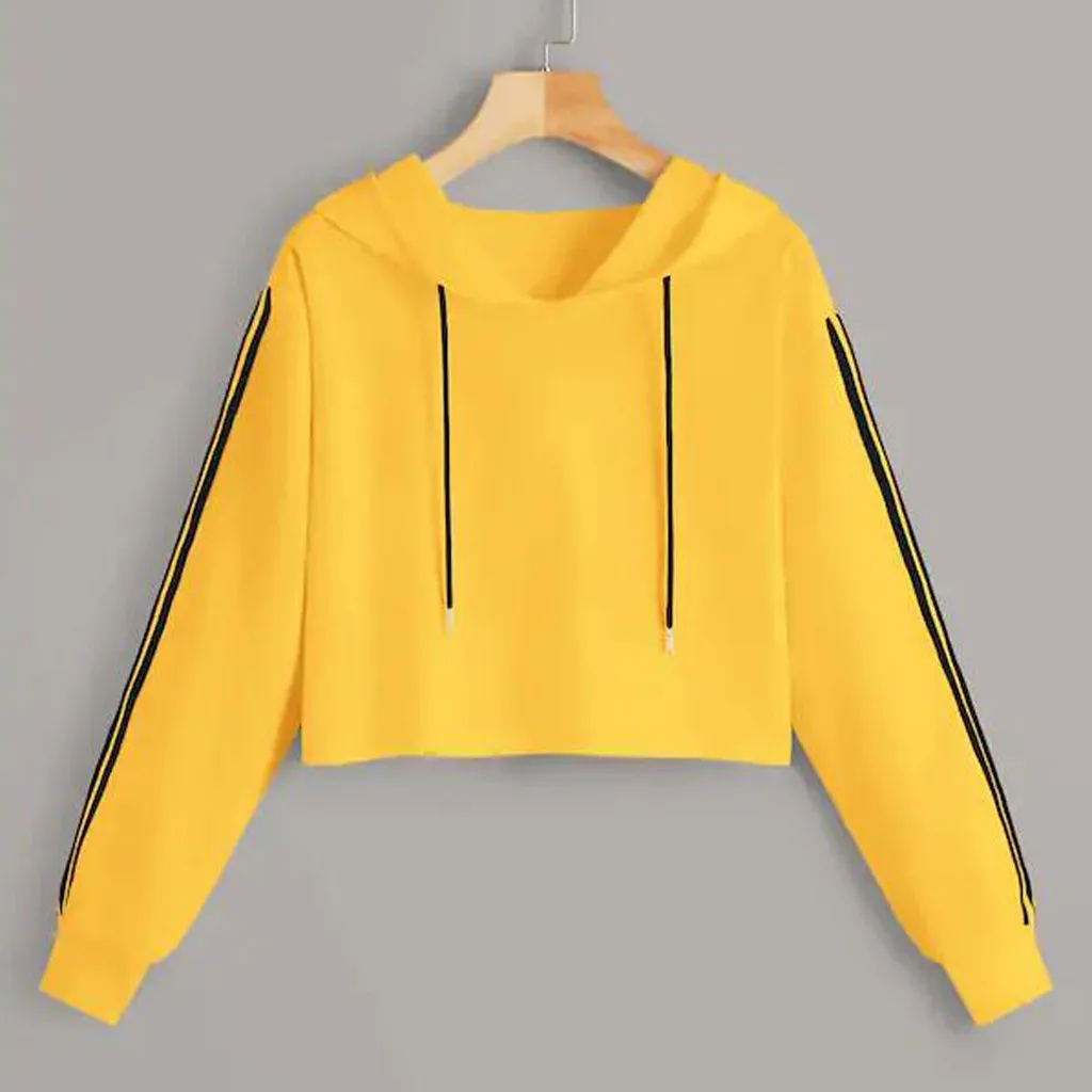 Jaycosin Fashion Leisure Long Sleeves Drawstring Stripe Hooded Pullovers Tops Loose Casual Women