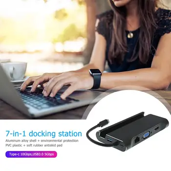 

Durable Type-C HUB Delicate Design Portable 7 in 1 Type-C HUB 4K HDMI VGA RJ45 3 USB 3.0 Adapter for Laptop Phone