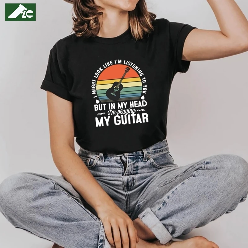 

FLC 100% cotton t shirt women Off White I Might Look Like I'm Listening To You Vintage Guitar kawaii T-shirt Tops women 2020