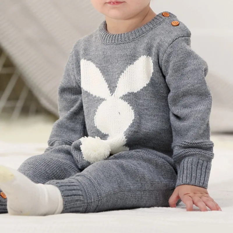 Комплекты детских комбинезонов спортивный костюм комбинезон для новорожденных с кроликом ОДЕЖДА для маленьких мальчиков с длинными рукавами Осенняя вязаная повседневная одежда для маленьких девочек - Цвет: gray