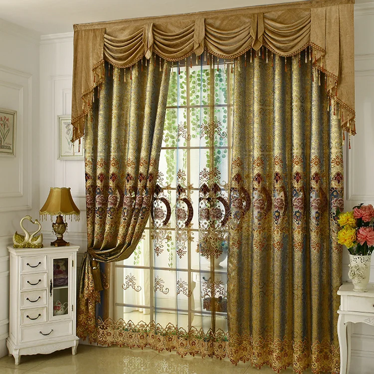 

Advanced style European Peony Pattern flower Curtains Hot Selling Sheer Valances Home Decor brown Curtains for living room home