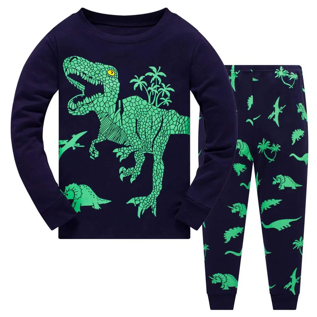 Conjunto de ropa de niño para bebé, 2 uds., camiseta de dinosaurio de dibujos animados, Tops + Pantalones, pijamas, ropa de dormir, conjunto infantil, 2021