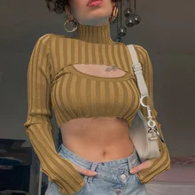 

2021 new Ladies Striped Knit High Neck Long Sleeve Short Pullover Sweater Sexy Hollow Vest Set Autumn Aesthetics Y2K Clothes