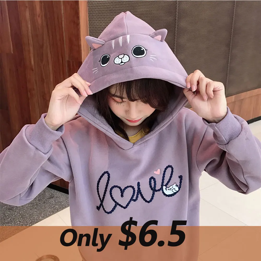 women hoodies harajuku loose embroidery cartoon womens hooded hoodies swearshirt women purple white  sweatshirt women with cat
