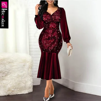 

Women Sequined Plus Size Bodycon Long Sleeve Mermaid Dress Elegant Office Lady Chic Spring Fall Party Vestido