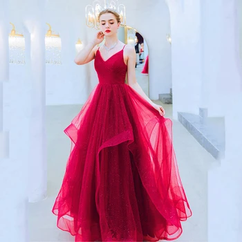 

Fashion Slim Wine Red Evening Dress Sexy Spaghetti Strap Bridal Dinner Toast Dress Long Section Banquet Prom Dresses