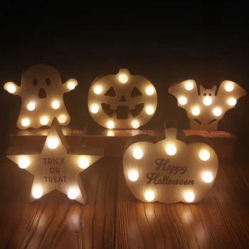 

New Creative Wooden Halloween Ghost Decoration Ornaments With Bulbs LED Lamp Crafts For Happy Halloween Home Office Decoration