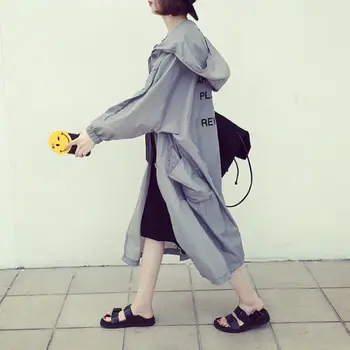 

Ladies Trench Fashion Casual Letter Print Zipper Hoodie New Long Windbreaker With Pockets Sunscreen Coat Women