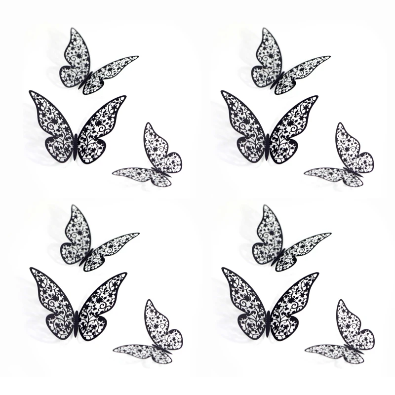 Wall Stickers 12PCS Black Hollow Butterfly Wall Sticker 3D Simulation Butterfly Sticker For Kids Room Wall Decals Home Cake Wedding Decoration