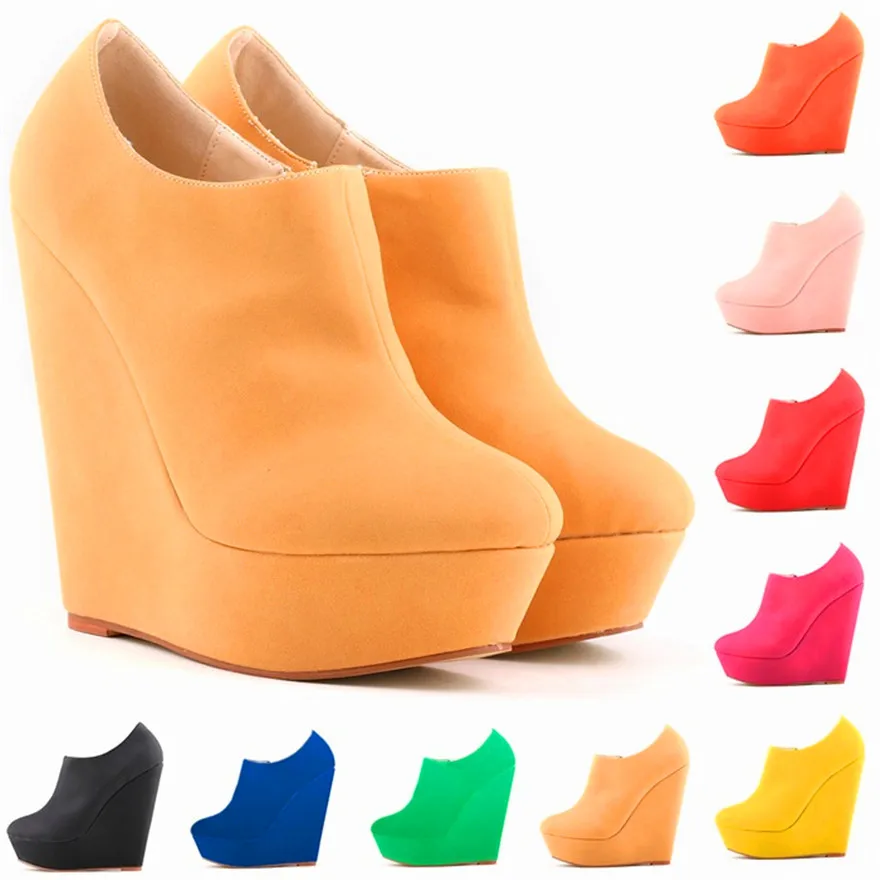 

Candy Colors Nubuck Leather Women Ankle Boots Autumn Round Toe Women's Fashion Platfrom Wedges Boots Side Zipper High Heels Boot