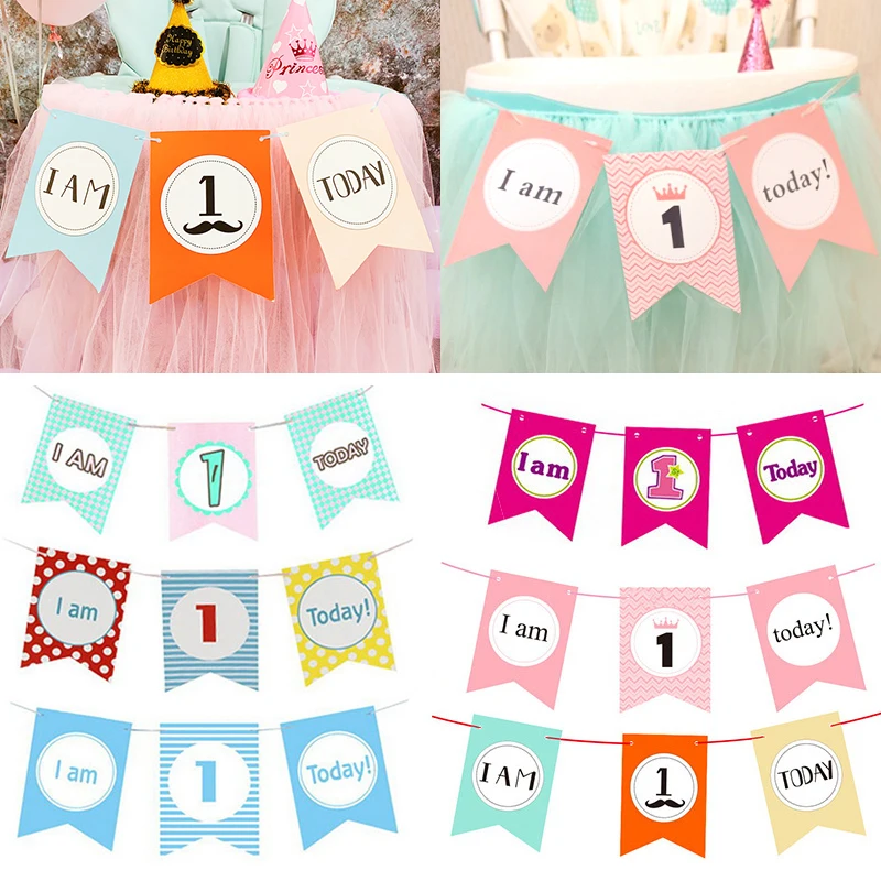 Boy Girl Happy 1st Birthday Banner Paper Hanging Party Flags Chair