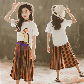 Летняя одежда для подростков, девочек, комплекты детская футболка+ широкие штаны; костюмы для детей короткий рукав детская одежда для девочек 7, 9, 10, 12, 13, 14 лет - Цвет: Brown Striped Set