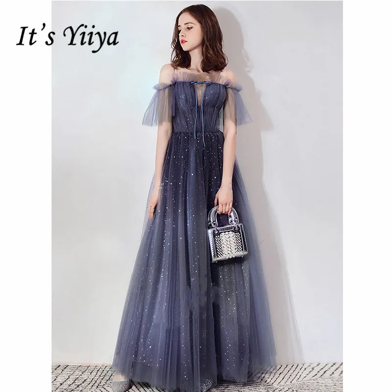 

It's Yiiya Evening Dress 2019 Contrast Color Boat Neck Shining A-Line Dressses Plus Size Elegant Long Party Robe de Soiree E1082