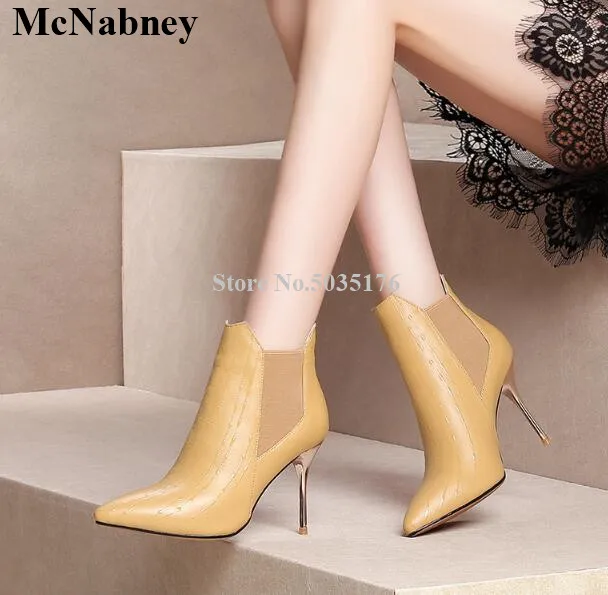 

McNabney Women Short Boots Leather Slip-On Pointed Toe Stiletto Heel Ladies Short Boots Fashion Solid High Heel New Women Shoes