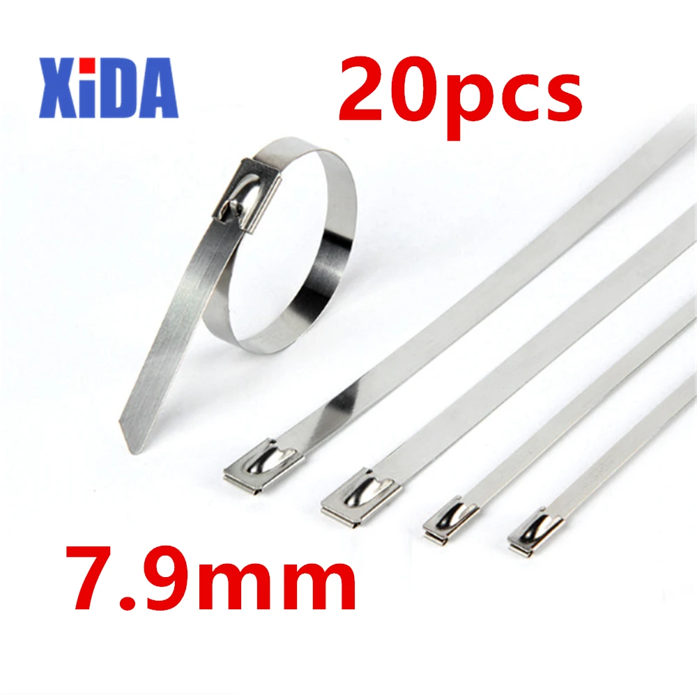 

20PCS 7.9mm width 100-1000mm length 304Material Stainless steel metal Cable Ties tie Zip Wrap Exhaust Heat Straps Induction pipe