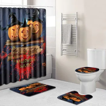 

Halloween Shower Curtain Mat Combination Four-Piece Set Bathroom Toilet Carpet Shower Room Foot Mat Cross-Border Hair