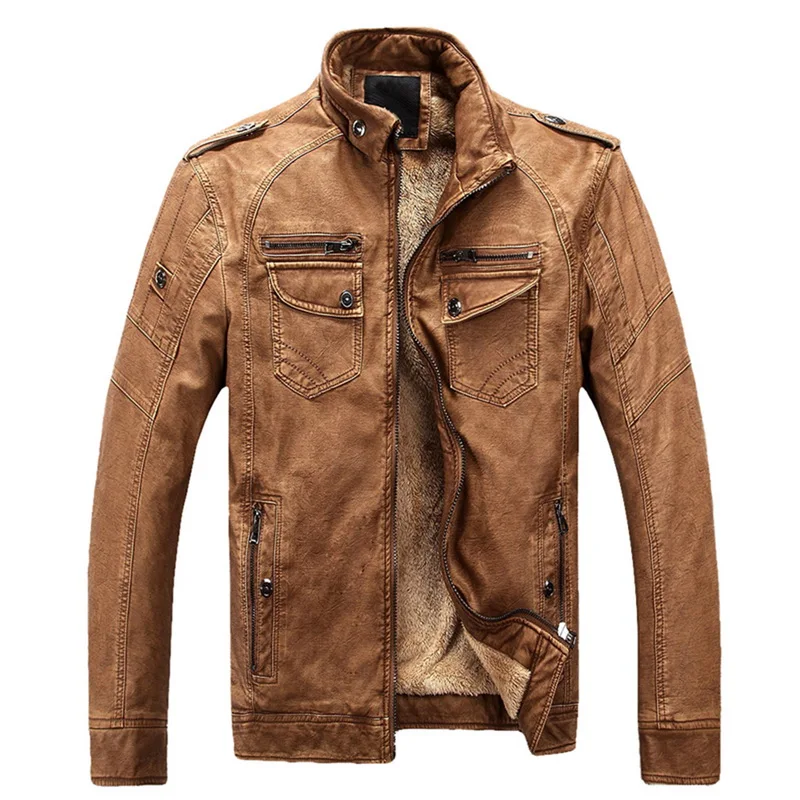 Роскошные кожаные куртки мужские осенние флисовые на молнии Chaqueta Cuero Hombre с карманами Moto Jaqueta Masculino Couro облегающее теплое пальто