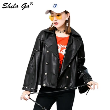 

Genuine Leather Jacket Plus Size Rivets Detail Flare Sleeve Drop Shoulder Notched Neck Coat Women Autumn Double Breasted Outwear
