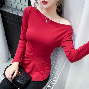

slash neck garment tees female autumn irregular solid cotton T-shirt women full sleeve irregular pleated top tshirts