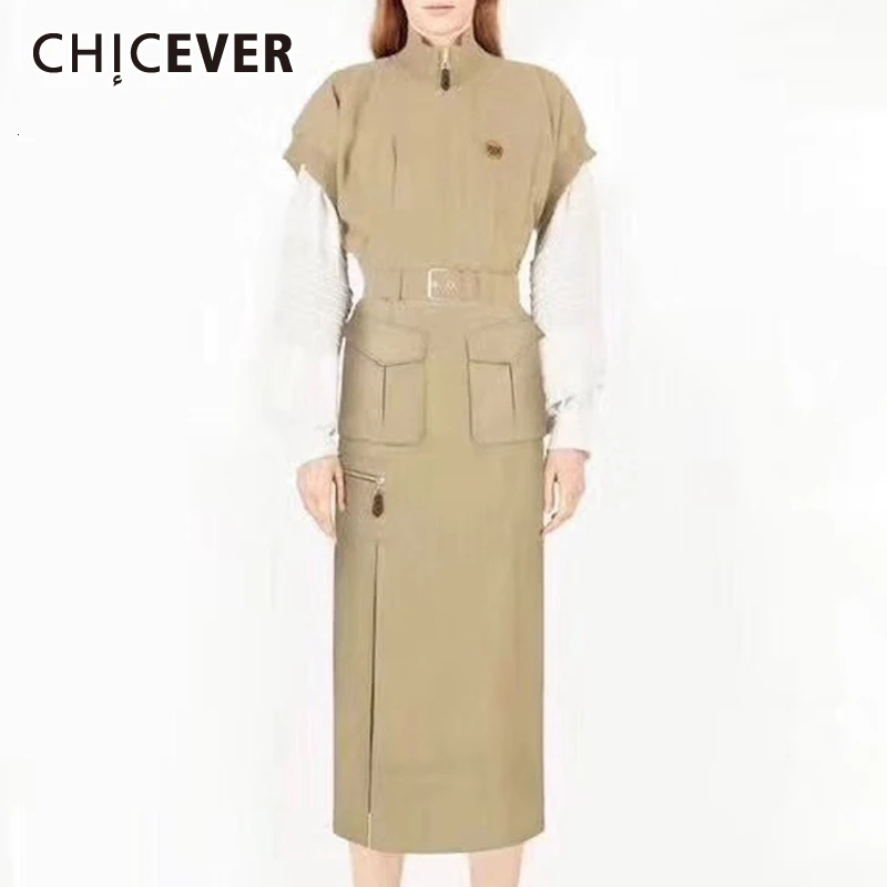 CHICEVER/осеннее платье для женщин с воротником-стойкой и коротким рукавом, с карманами и высокой посадкой, с поясом, женские платья, модная новая одежда