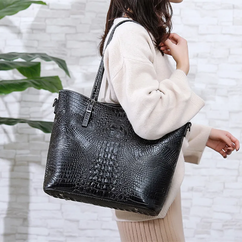 

Black Female Handbags Quality Crocodile Pattern Embossed Leather Women Shoulder Bags Large Casual Totes Shopping Top-handle Bag