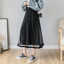 Осенне-зимняя Тюлевая бархатная сетчатая юбка женская элегантная длинная юбка в горошек Женская плиссированная юбка миди с высокой талией