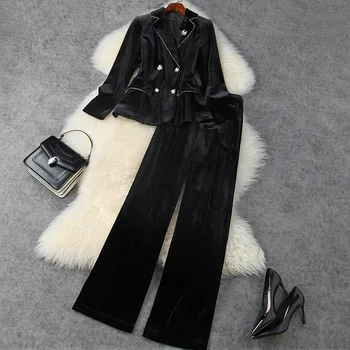 

European and American women's wear 2020 winter new style Long-sleeved, double-breasted jacket trousers Fashionable velvet suit