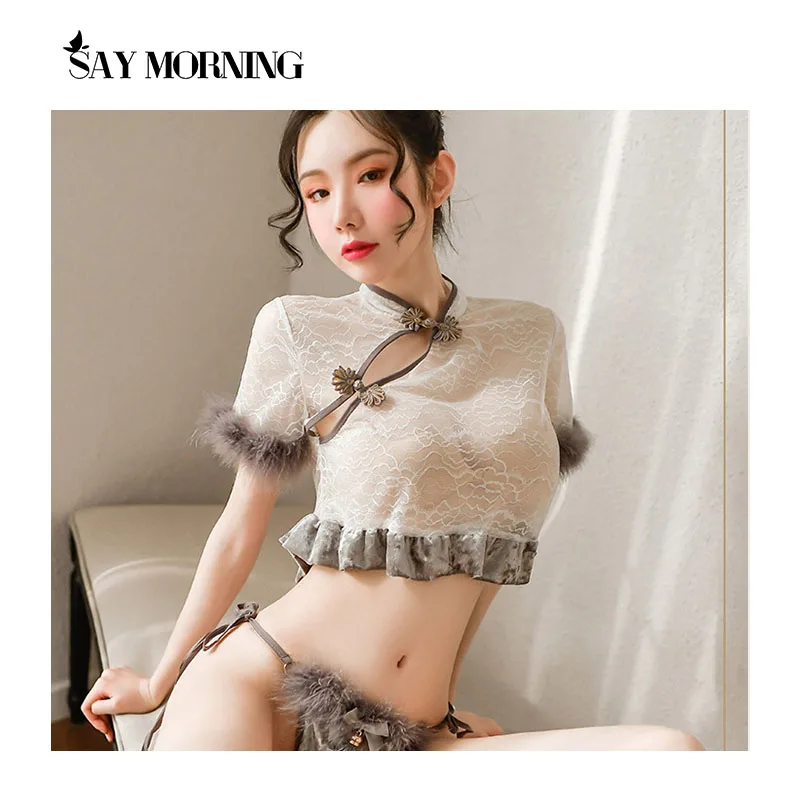 

SAY MORNING Velvet Lace See Through Sexy Chinese Sleepwear Qipao Traditional Cheongsam Babydoll Lingerie Set