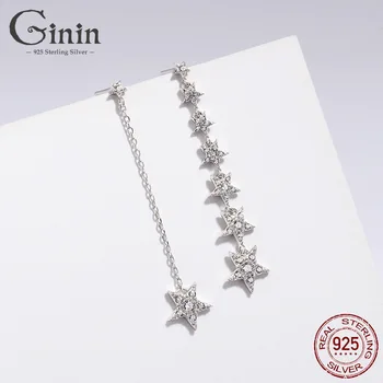 

GININ Real 100% 925 Sterling Silver Asymmetrical Long Tassel Shiny Star Pendant Drop Earring For Women Anniversary Fine Jewelry