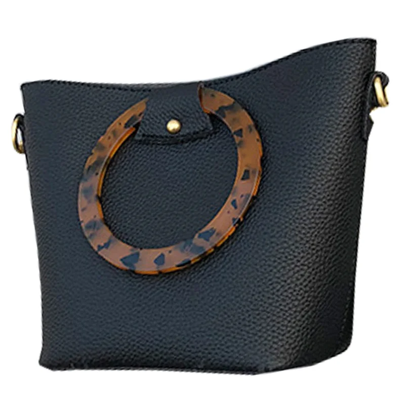 

New Casual Fashion Lychee Bucket Bag Acrylic Ring Hand Strap Shoulder Messenger Bag