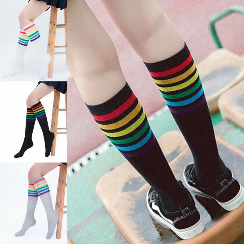 Модные популярные женские гольфы в радужную полоску, тонкие, свежие медиа Корта, трендовые носки до середины икры, гольфы
