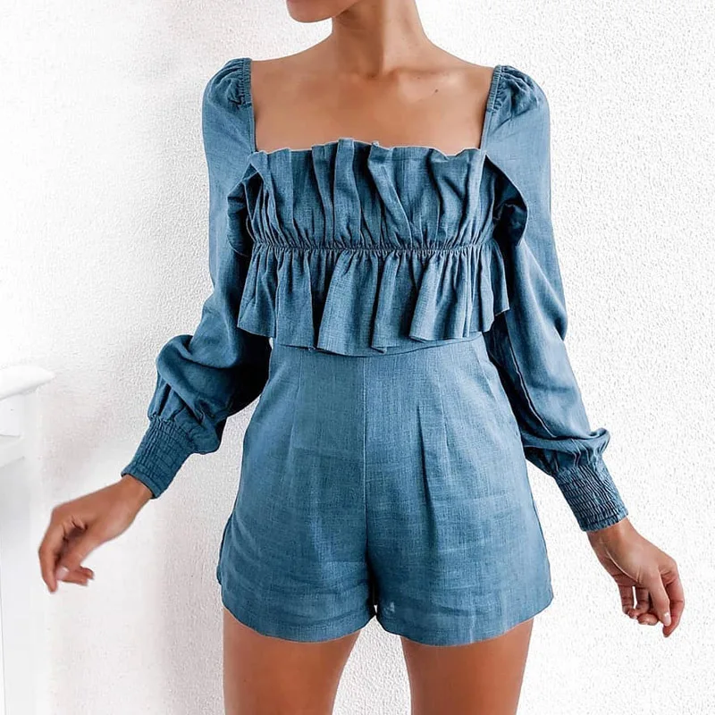 

KHALEE YOSE Blue High Waist Jumpsuit Autumn 2019 Long Sleeve Playsuit Women Ruffles Square Collar Backless Sexy Romper Overalls