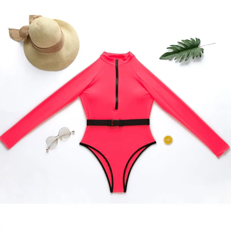 Бикини с длинным рукавом 2020 неоновый розовый Боди молнией цельный купальник