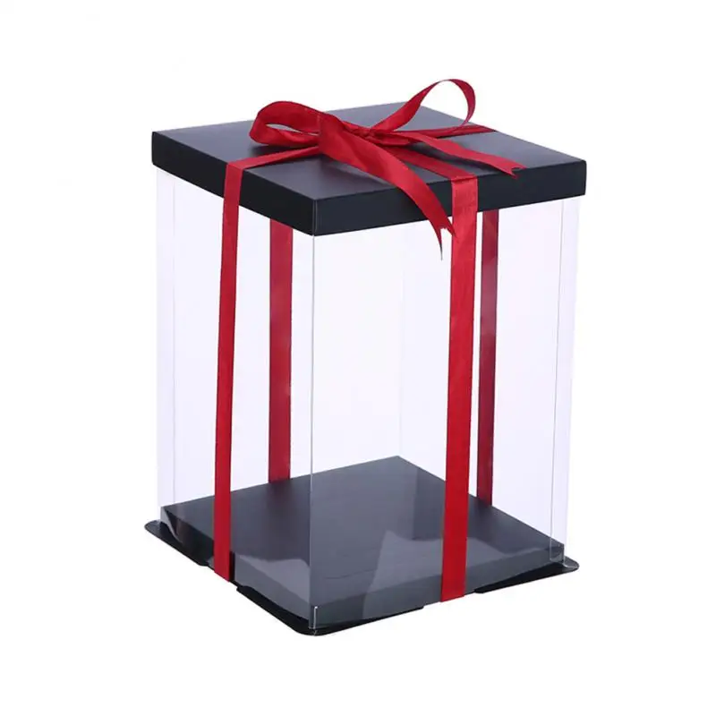 20 см/25 см/35 см прозрачная пластиковая подарочная коробка Органайзер с черной крышкой и розовой основой медведь цветок день рождения торт подарочная коробка