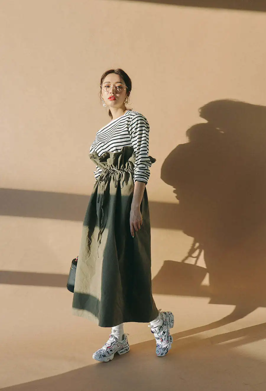 [EWQ] 2019 новые модели из чистого хлопка зеленые широкие длинные юбки Кружева Высокая талия на шнуровке плиссированные женские модные