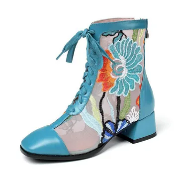 

YourSeason Female Summer Genuine Leather Women Lace Mesh Shoes 2020 New Autumn Square Toe Lace Up Hollow Ankle Sandals Boots Zip