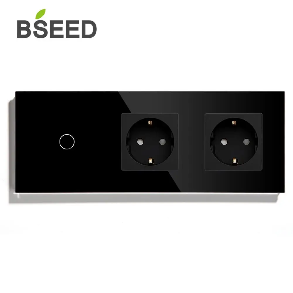 BSEED стандарт ЕС 1 банда 2 банды 3 банды 1 способ 2 пути сенсорный выключатель с двойной розеткой черный белый золотой кристалл стеклянная панель - Цвет: Black 1Gang