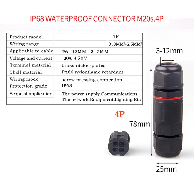 IP68 Waterproof Connector 2 Pin 3 Pin 4 Pin 5 Pin Electrical Terminal Adapter Wire Connector Screw Pin connector LED Light pin M20S 4p