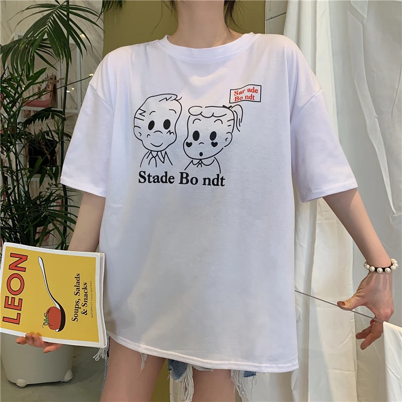 

Harajuku Cartoon Character Letter T-shirt Female Cotton Print White Tshirt Women Korean Loose Aesthetic Tee Black T Shirt Summer