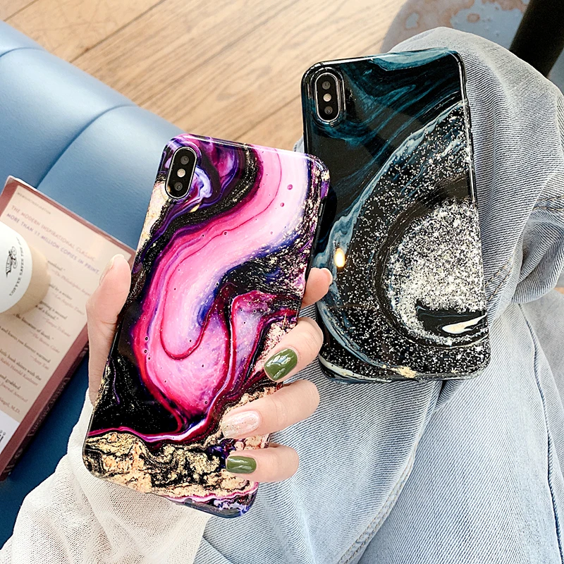 

Granite Smooth Marble Phone Case For iphone 7 Case XR X 6 6S 8 Plus XS Max Colorful Vintage Shining Starry Sky Glossy Soft Cover