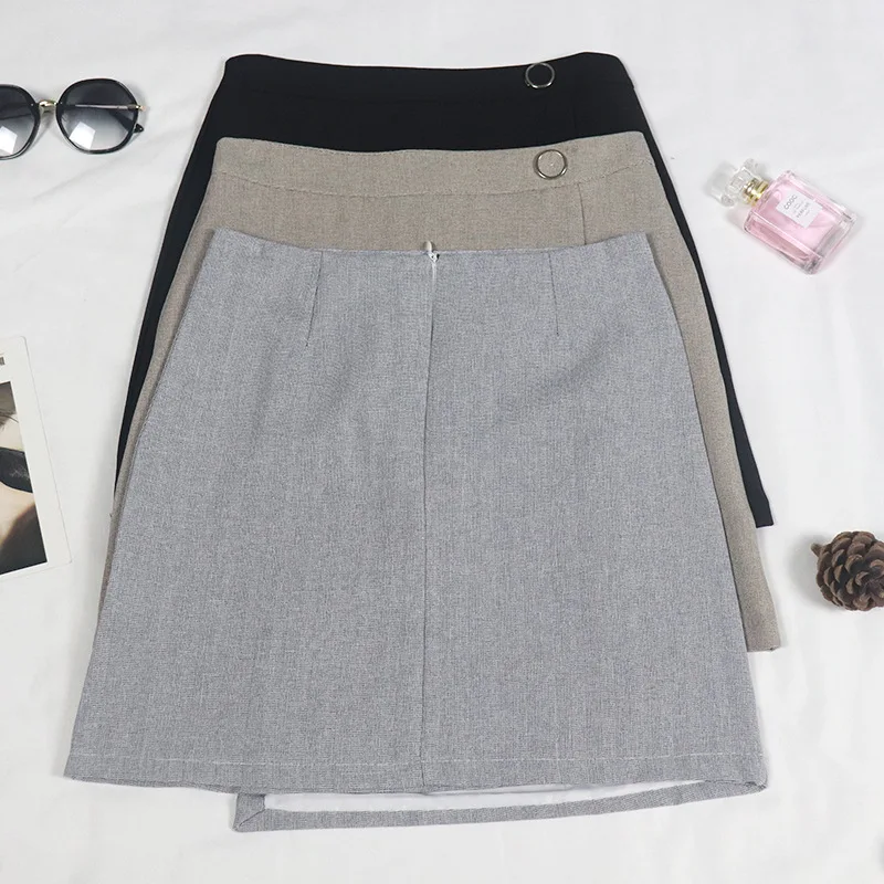 

[Attachment] CHIC Versatile Oblique Buckle A- line Skirt 2019 Spring Irregular High-waisted Anti-Exposure Sheath Short Skirt 204