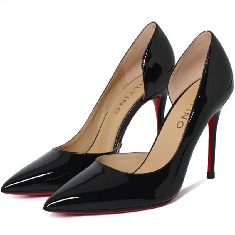 

Genuine Leather Red Bottom Shoes Side Open Women Sandals Black Nude Sexy High Heeled Stilettos OL Daily Party Dress Heels