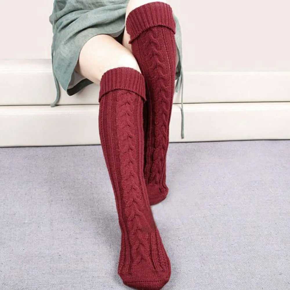 Женские зимние теплые высокие носки, Вязанные шерстяные выше колена, длинный носок для сна, домашние, повседневные, для кровати, одноцветные, крученые носки# S