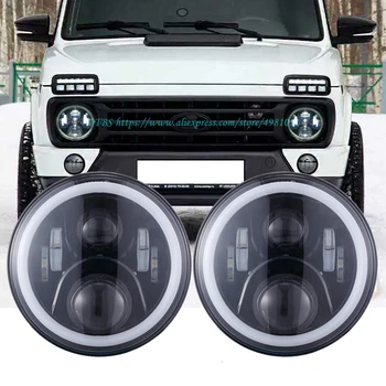 

7 Inch LED Headlamps with Halo Ring Amber Turn Signal For lada niva 4x4 suzuki samurai 7" LED DRL Halo Headlights For VAZ 2101
